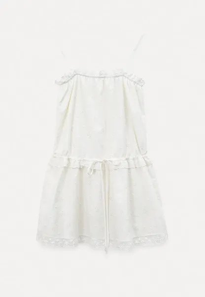 Eyelet lace trim tiered sleeveless dress with drawstring waist