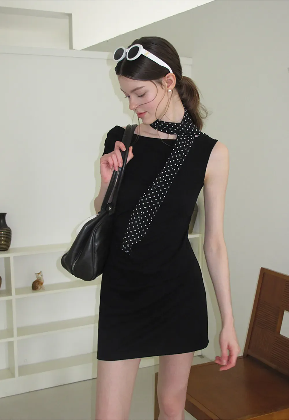 Off Shoulder Sleeveless Fitted Dress with Neck Scarf Detail