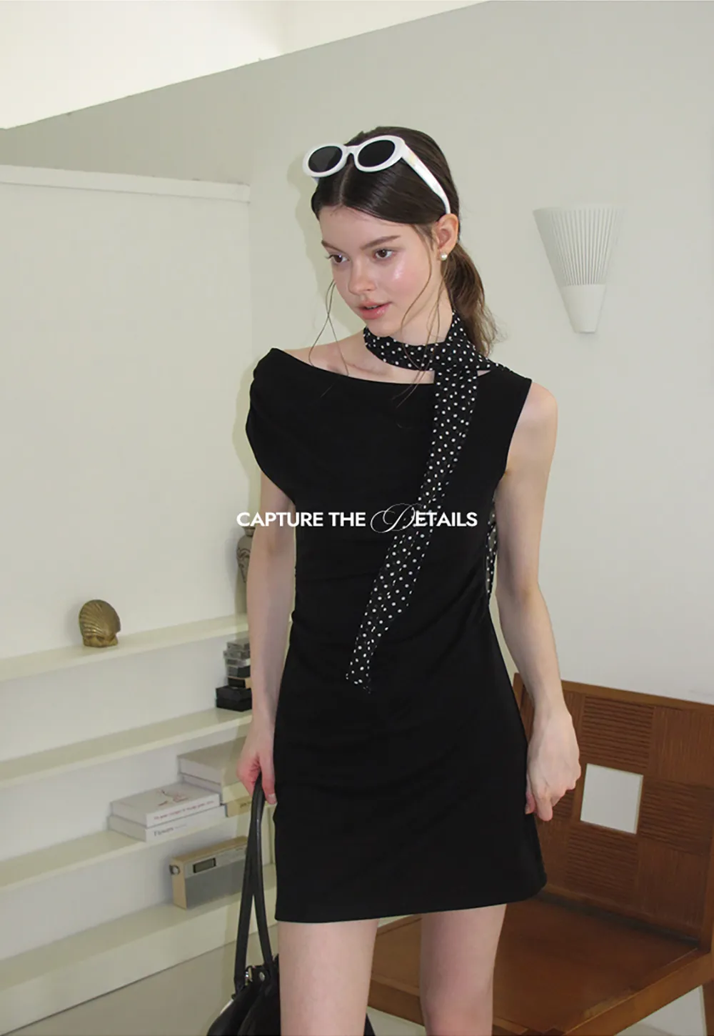 Off Shoulder Sleeveless Fitted Dress with Neck Scarf Detail