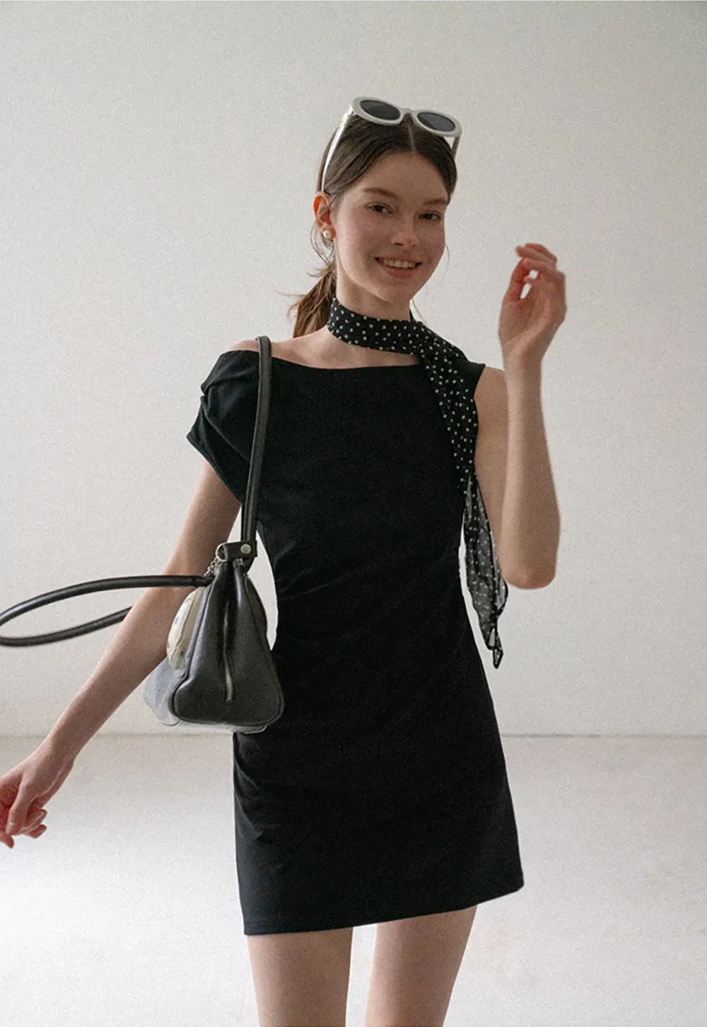 Off Shoulder Sleeveless Fitted Dress with Neck Scarf Detail