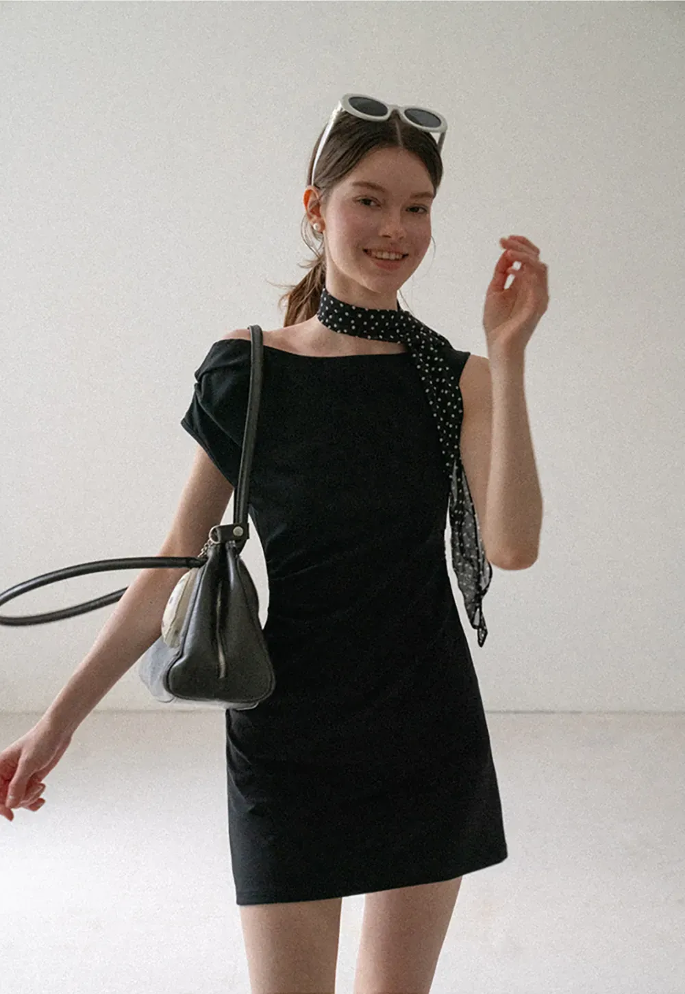 Off Shoulder Sleeveless Fitted Dress with Neck Scarf Detail
