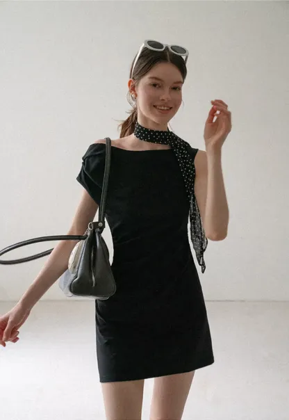 Off Shoulder Sleeveless Fitted Dress with Neck Scarf Detail
