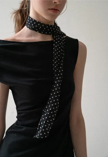 Off Shoulder Sleeveless Fitted Dress with Neck Scarf Detail