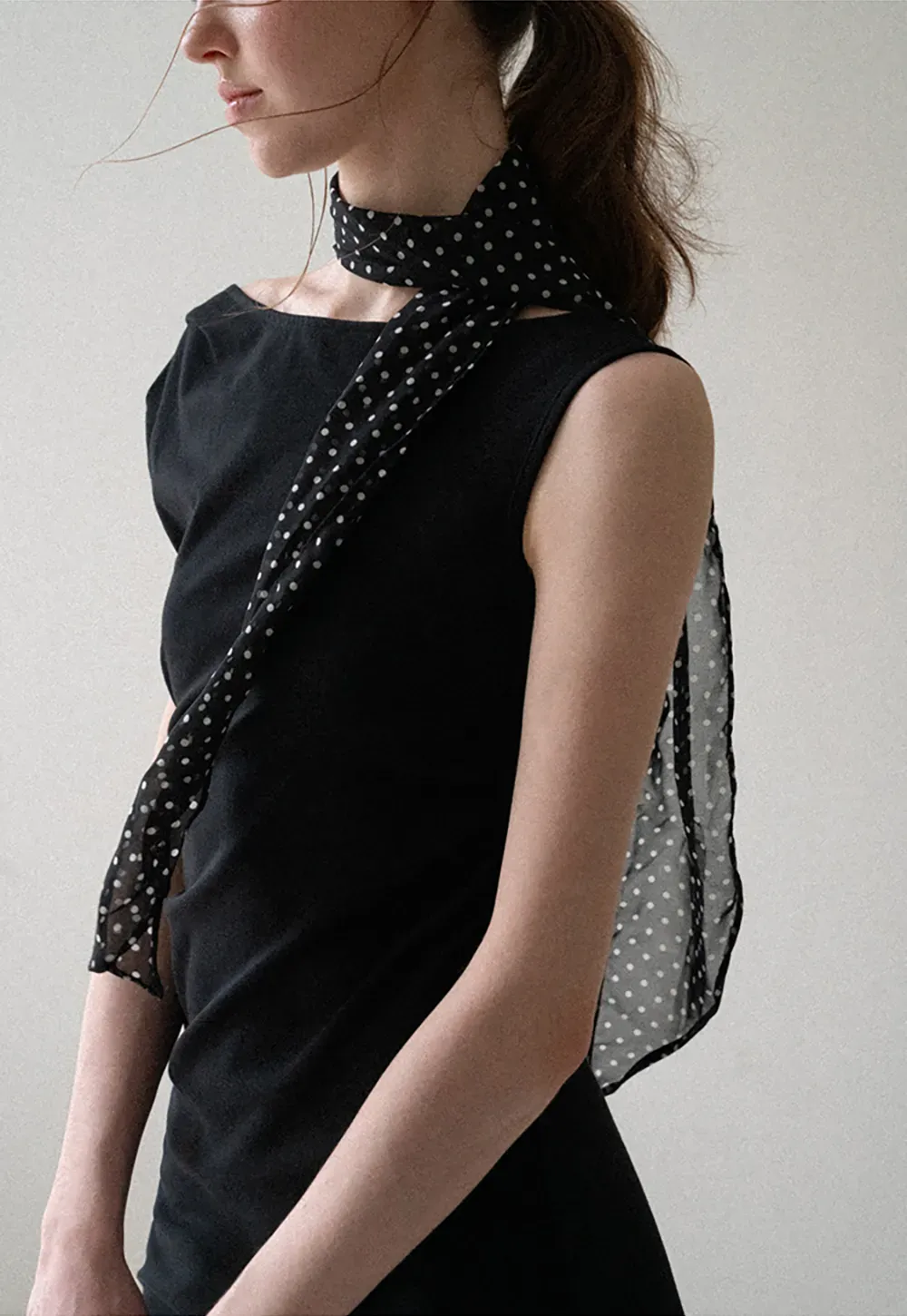 Off Shoulder Sleeveless Fitted Dress with Neck Scarf Detail