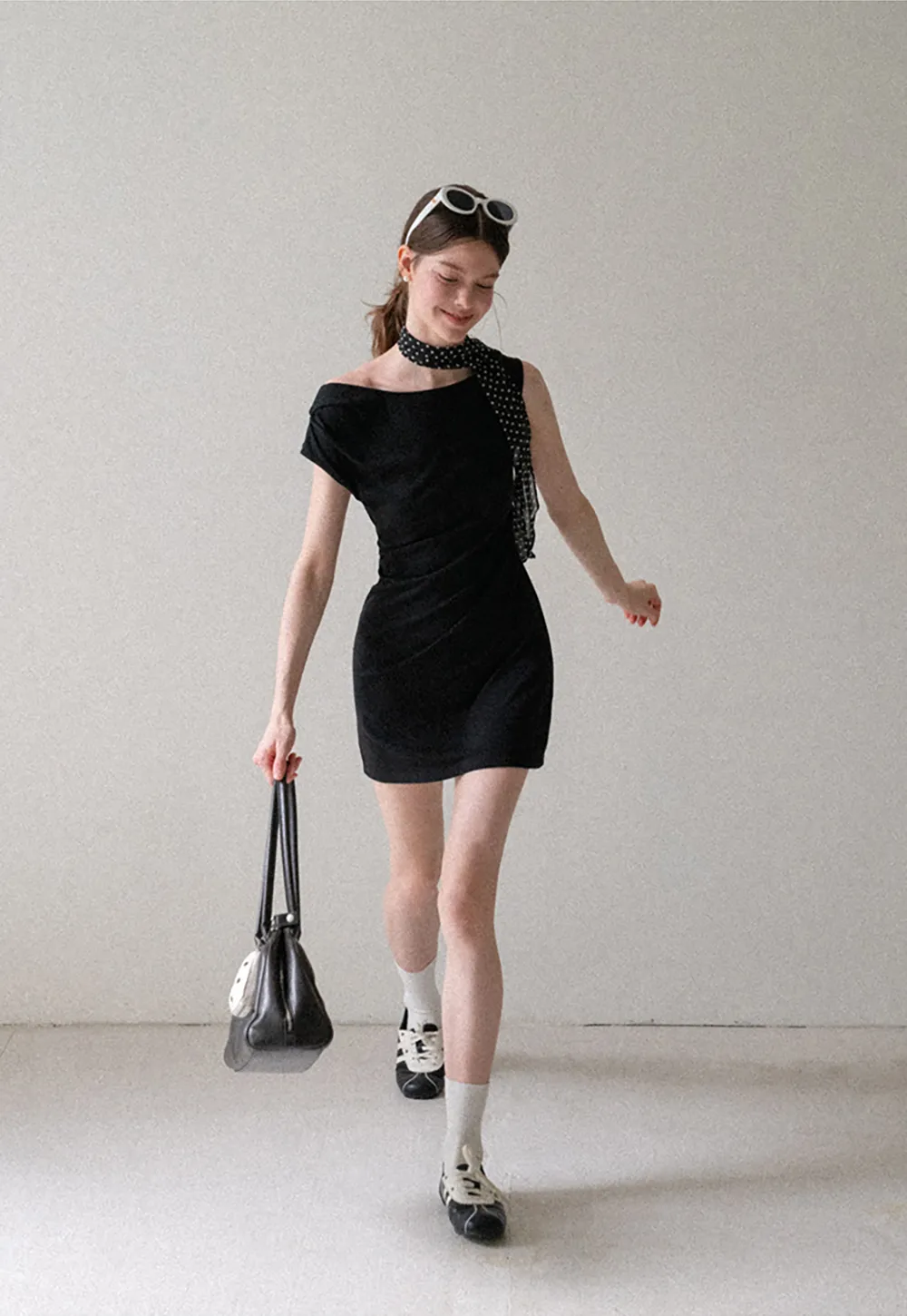 Off Shoulder Sleeveless Fitted Dress with Neck Scarf Detail