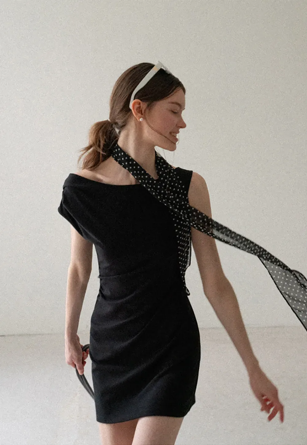 Off Shoulder Sleeveless Fitted Dress with Neck Scarf Detail