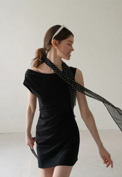 Off Shoulder Sleeveless Fitted Dress with Neck Scarf Detail