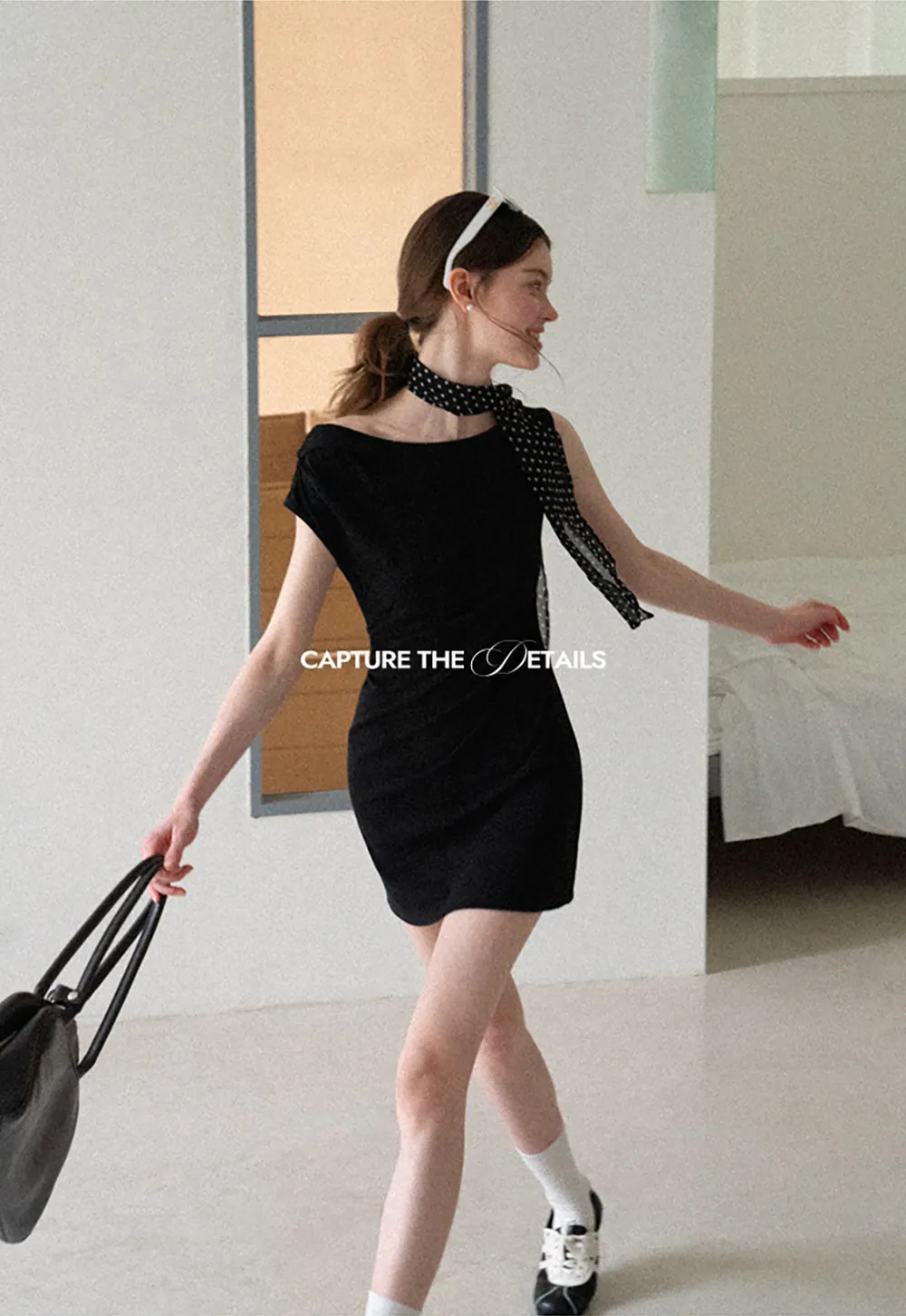 Off Shoulder Sleeveless Fitted Dress with Neck Scarf Detail