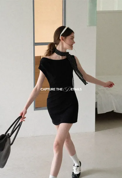 Off Shoulder Sleeveless Fitted Dress with Neck Scarf Detail