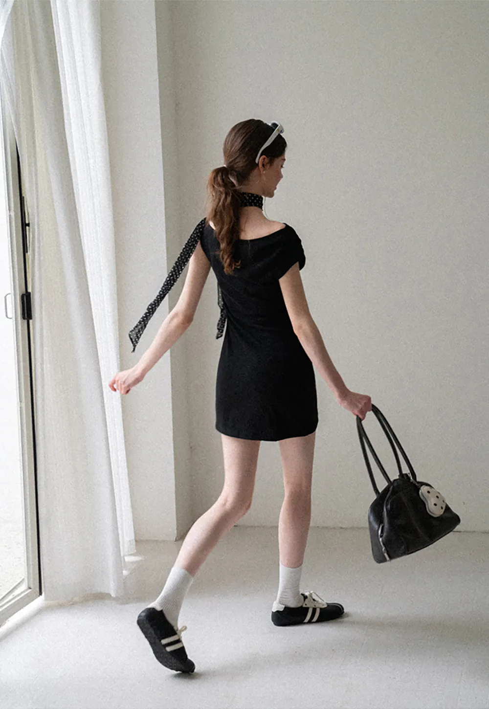 Off Shoulder Sleeveless Fitted Dress with Neck Scarf Detail