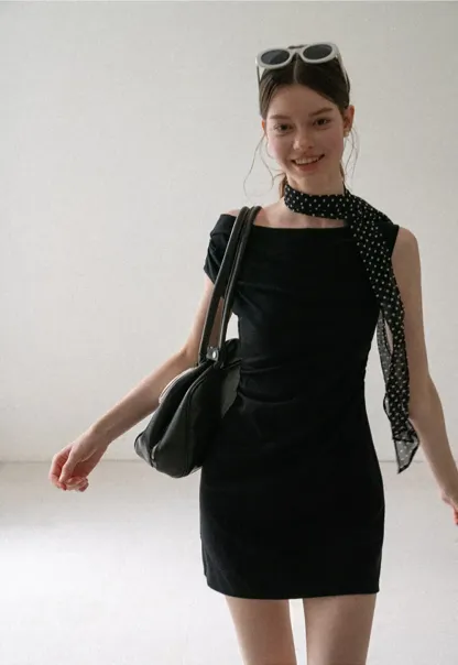 Off Shoulder Sleeveless Fitted Dress with Neck Scarf Detail