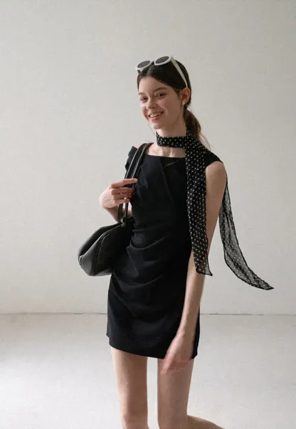 Off Shoulder Sleeveless Fitted Dress with Neck Scarf Detail