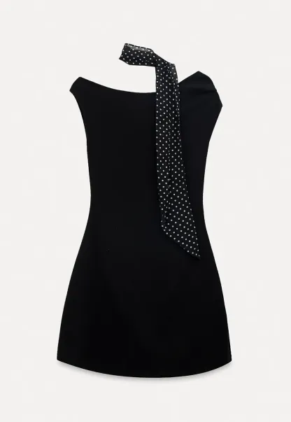 Off Shoulder Sleeveless Fitted Dress with Neck Scarf Detail