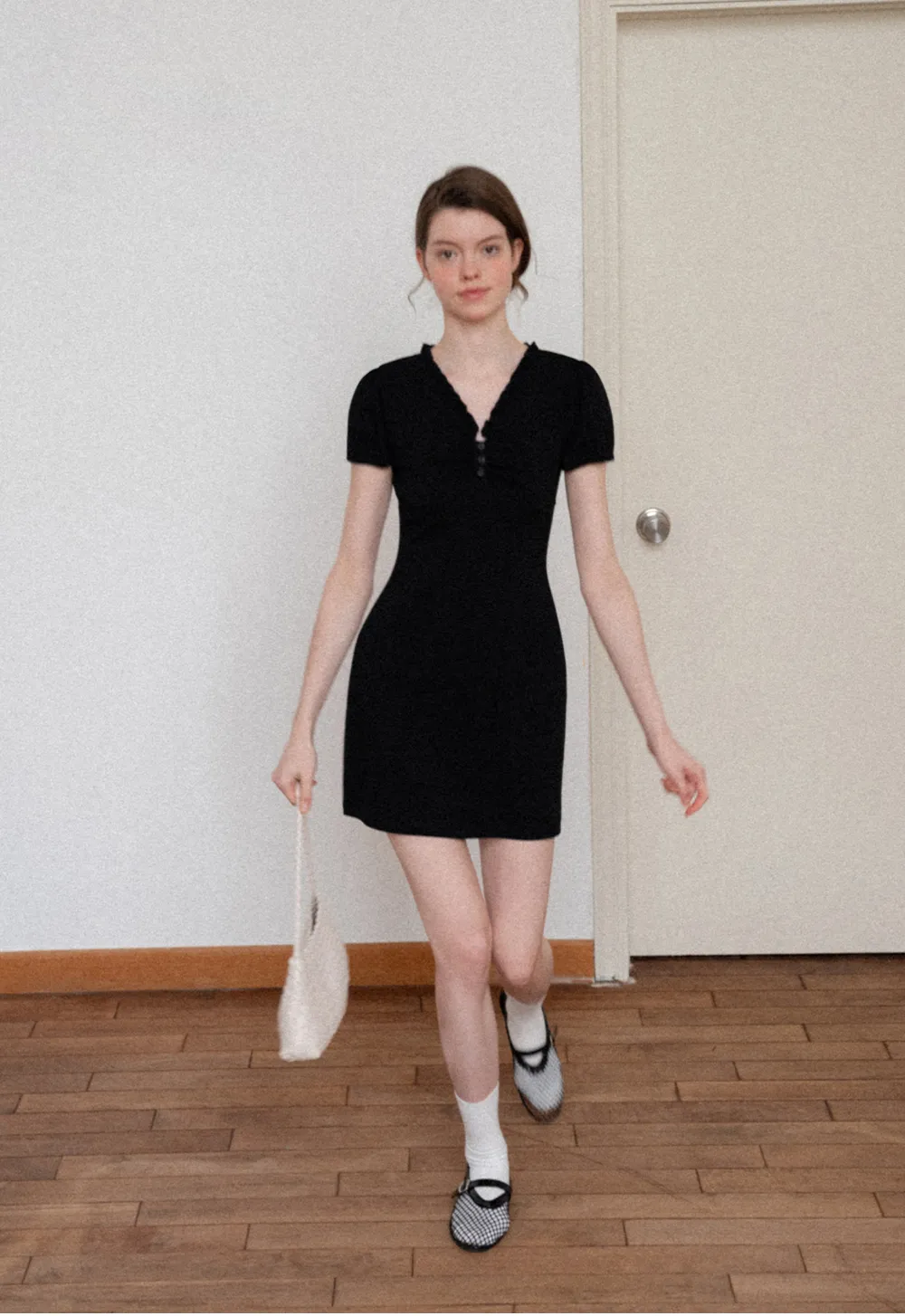 V Neck Ruched Front Short Sleeve Mini Dress