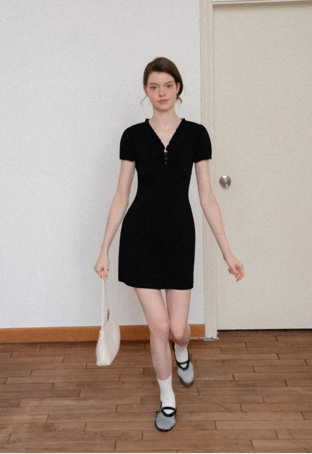 V Neck Ruched Front Short Sleeve Mini Dress