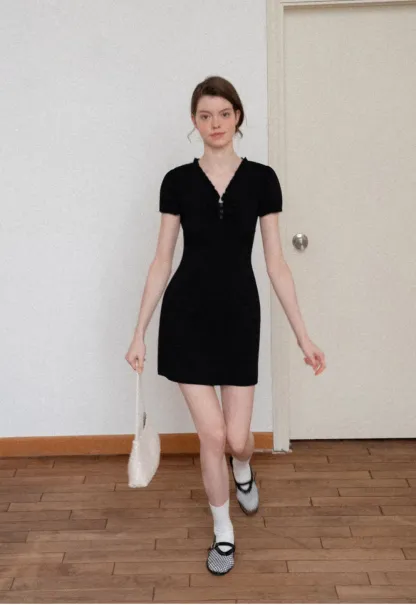 V Neck Ruched Front Short Sleeve Mini Dress