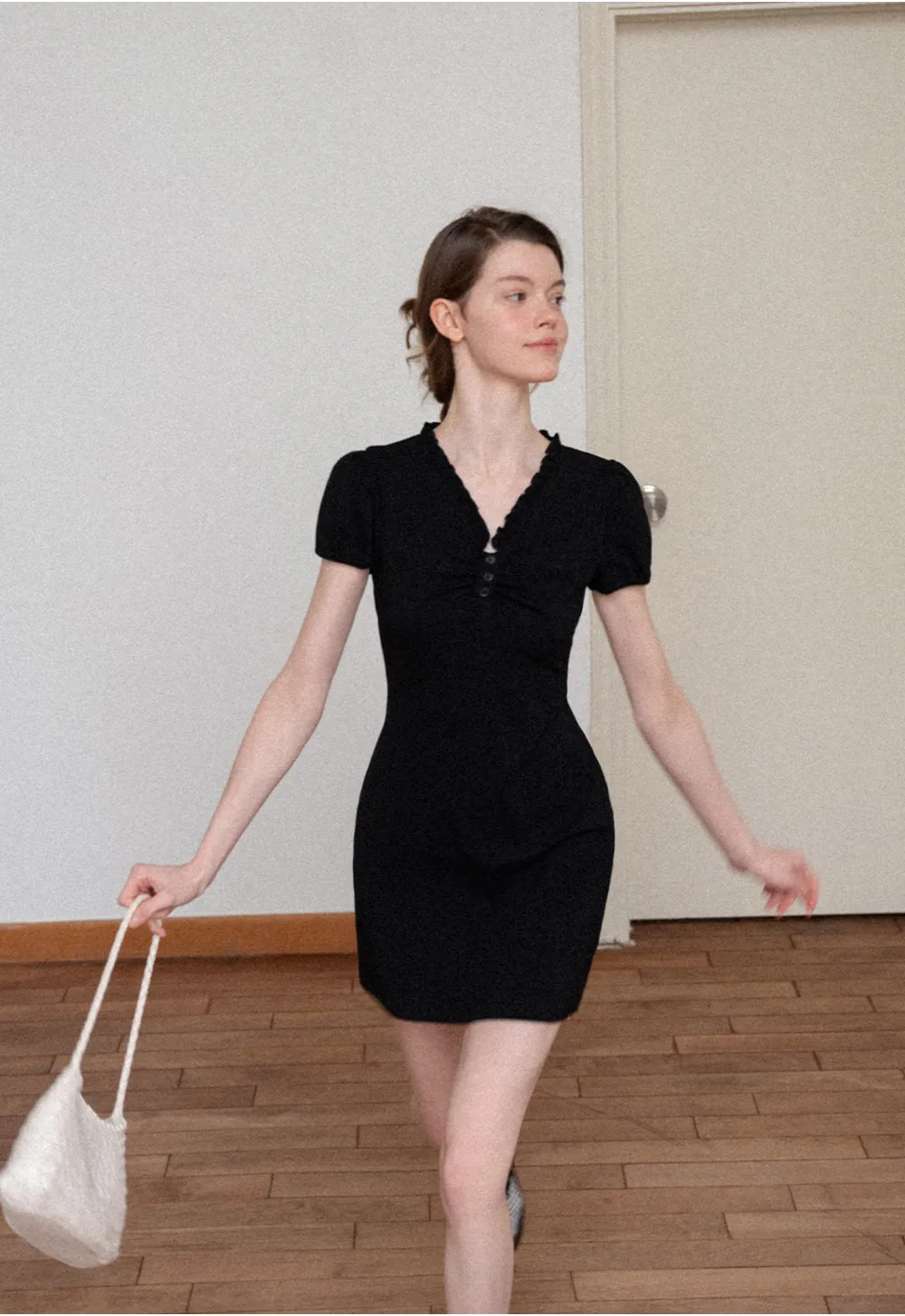 V Neck Ruched Front Short Sleeve Mini Dress