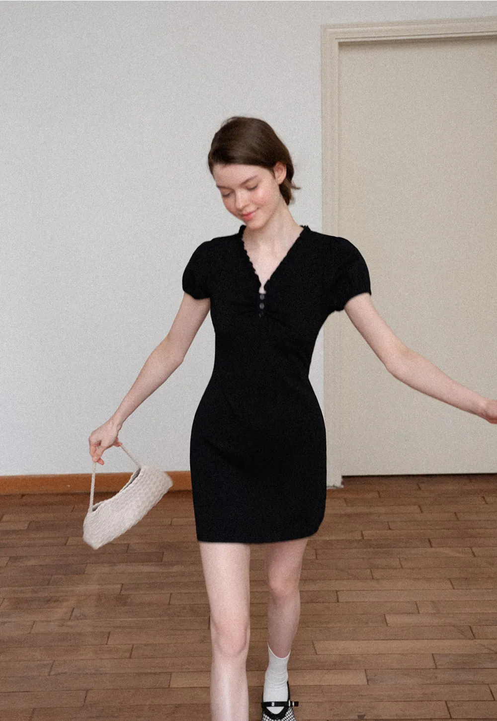 V Neck Ruched Front Short Sleeve Mini Dress