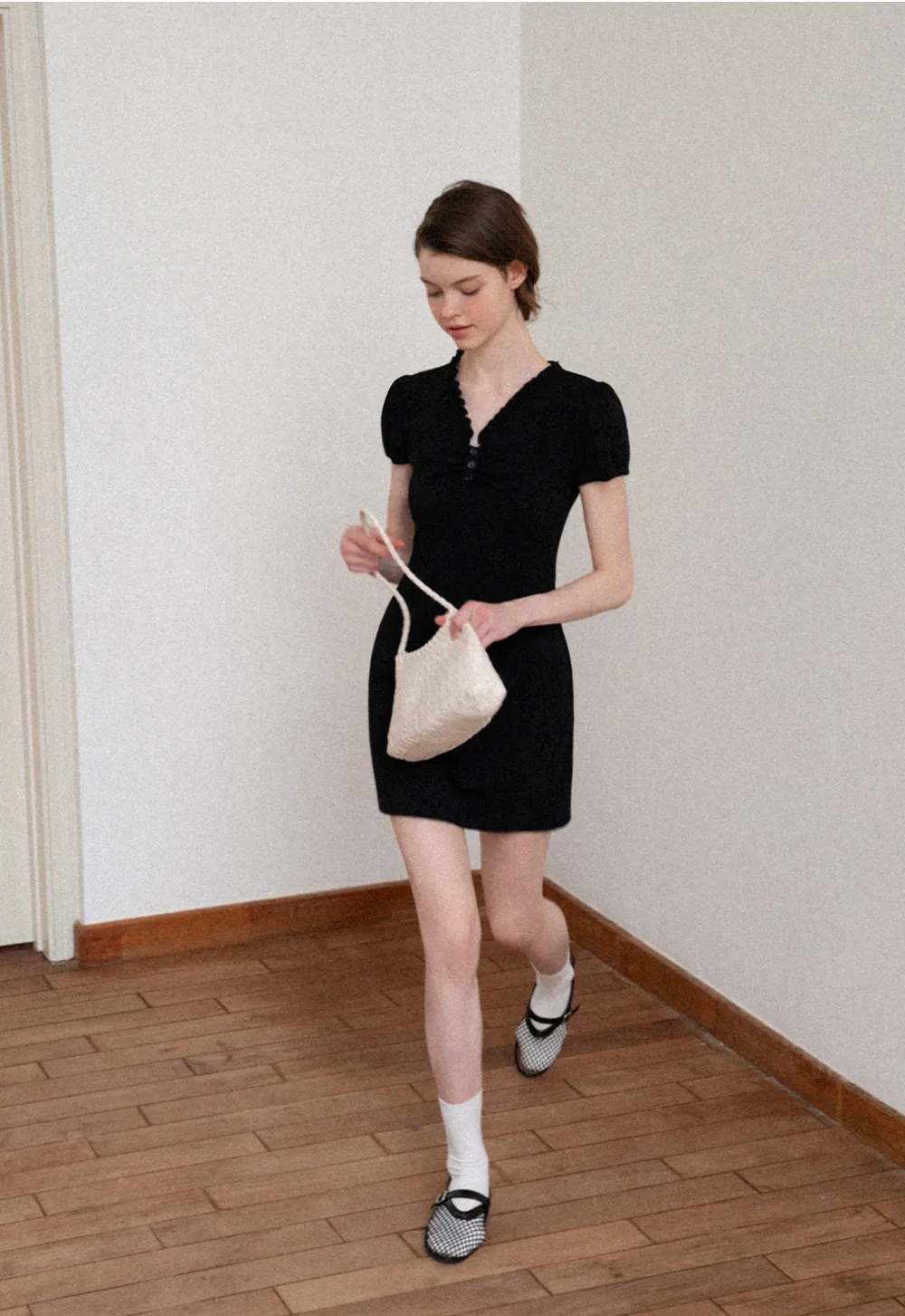 V Neck Ruched Front Short Sleeve Mini Dress