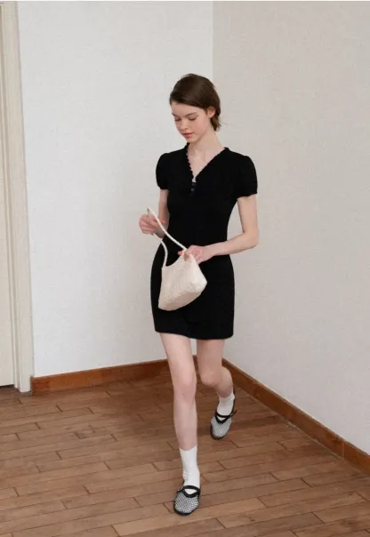 V Neck Ruched Front Short Sleeve Mini Dress