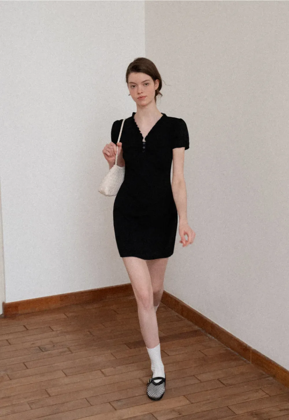 V Neck Ruched Front Short Sleeve Mini Dress