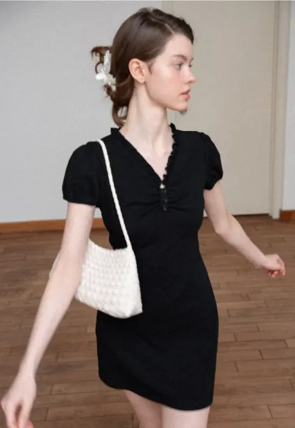 V Neck Ruched Front Short Sleeve Mini Dress