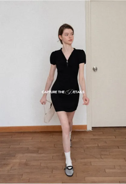 V Neck Ruched Front Short Sleeve Mini Dress