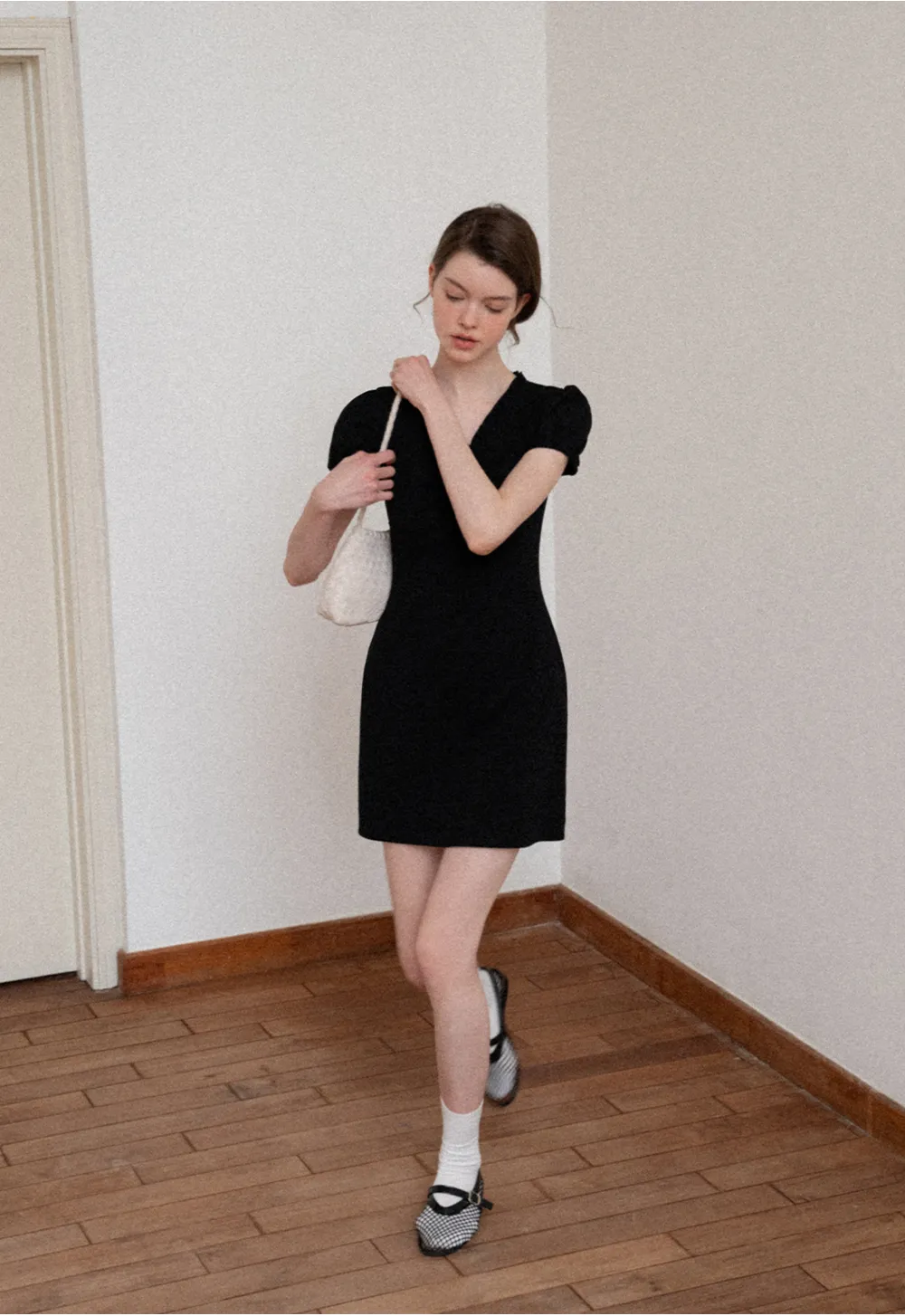 V Neck Ruched Front Short Sleeve Mini Dress