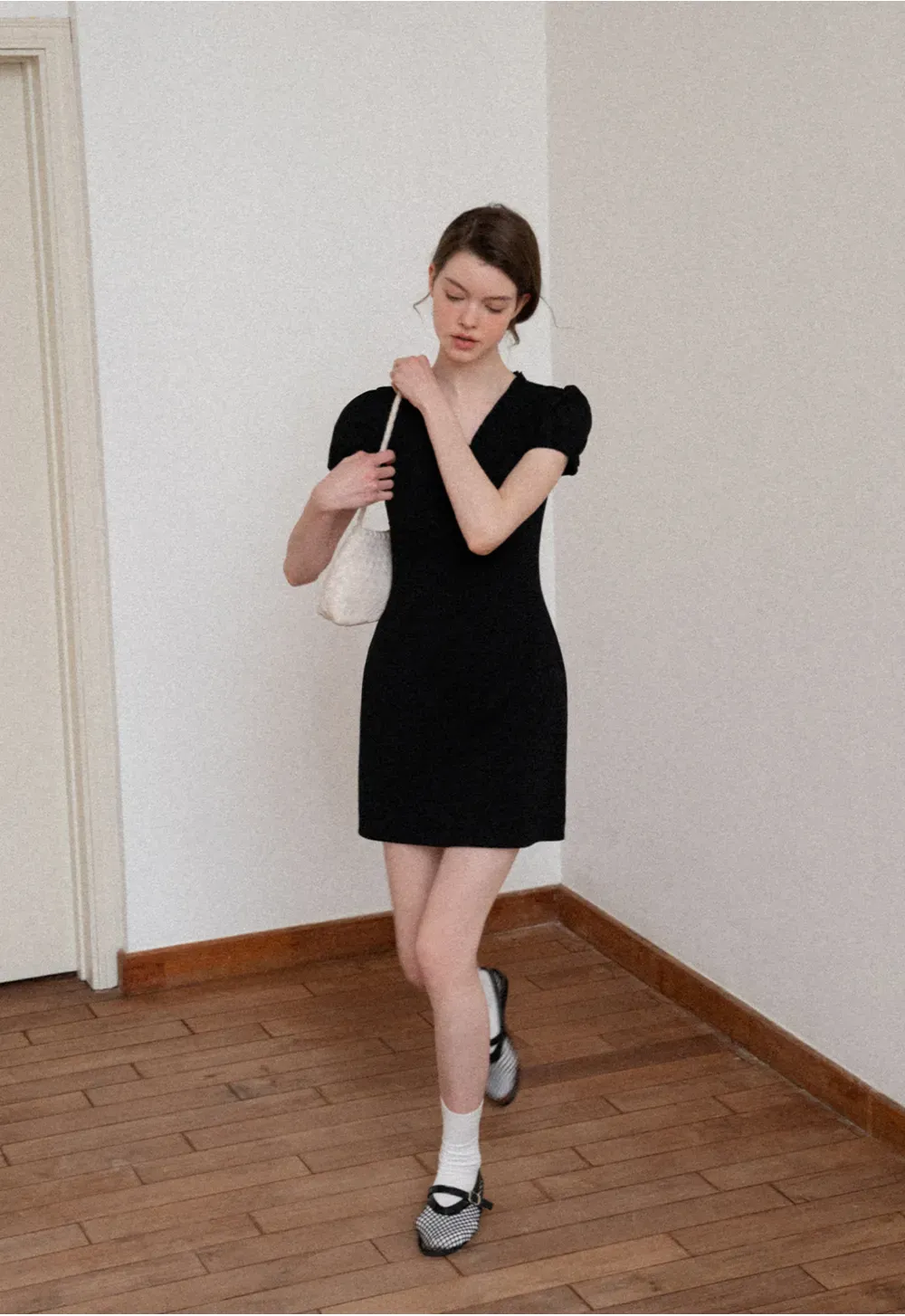 V Neck Ruched Front Short Sleeve Mini Dress