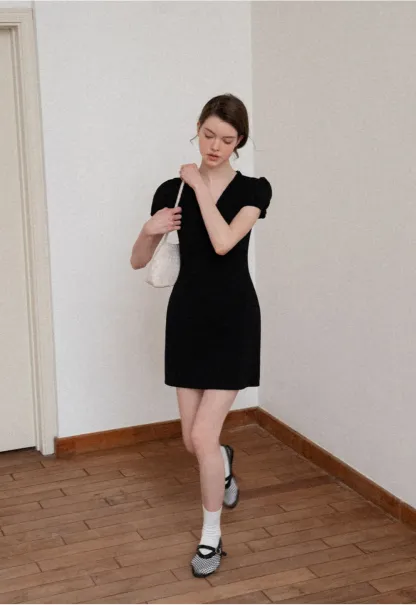 V Neck Ruched Front Short Sleeve Mini Dress