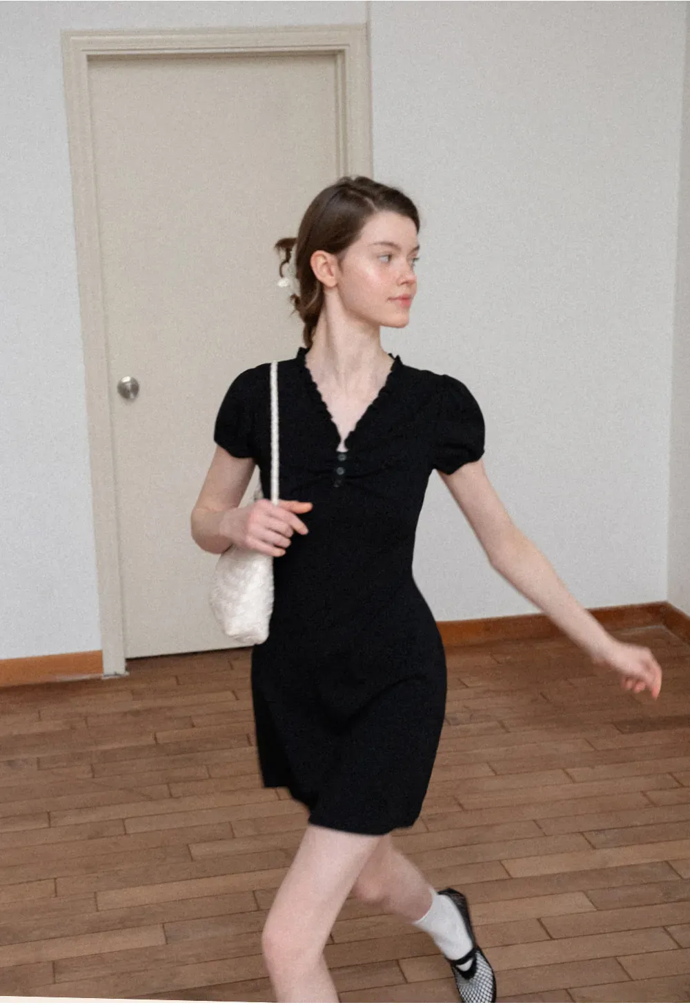 V Neck Ruched Front Short Sleeve Mini Dress