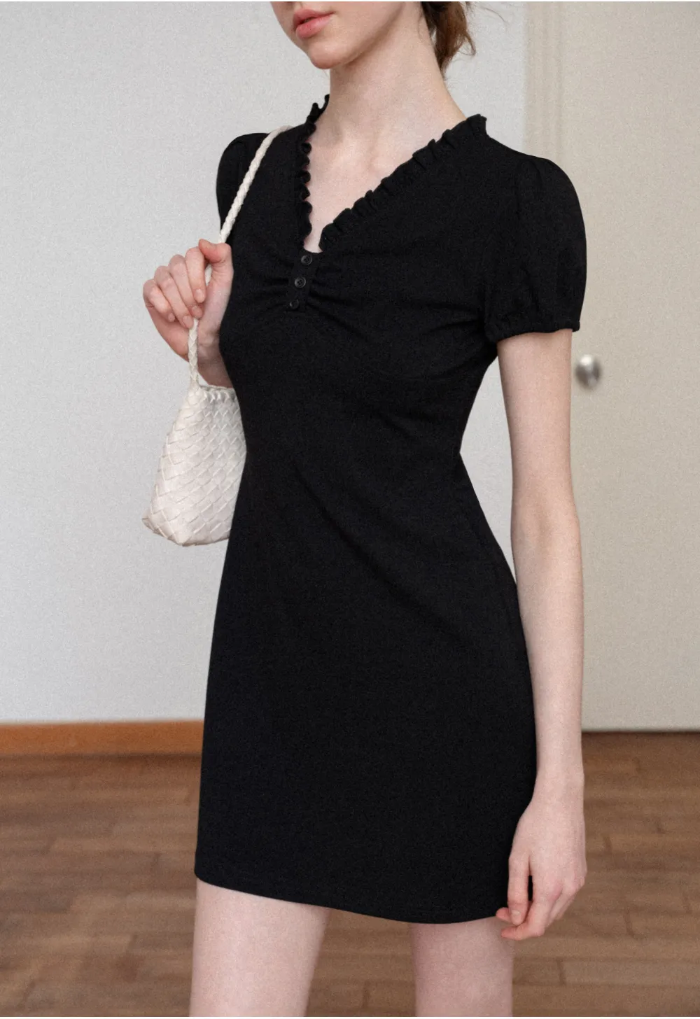 V Neck Ruched Front Short Sleeve Mini Dress