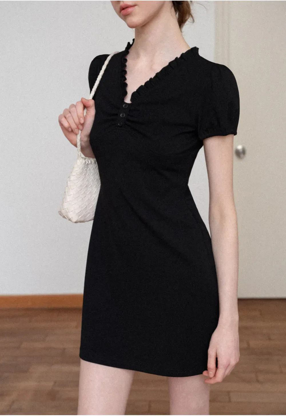 V Neck Ruched Front Short Sleeve Mini Dress