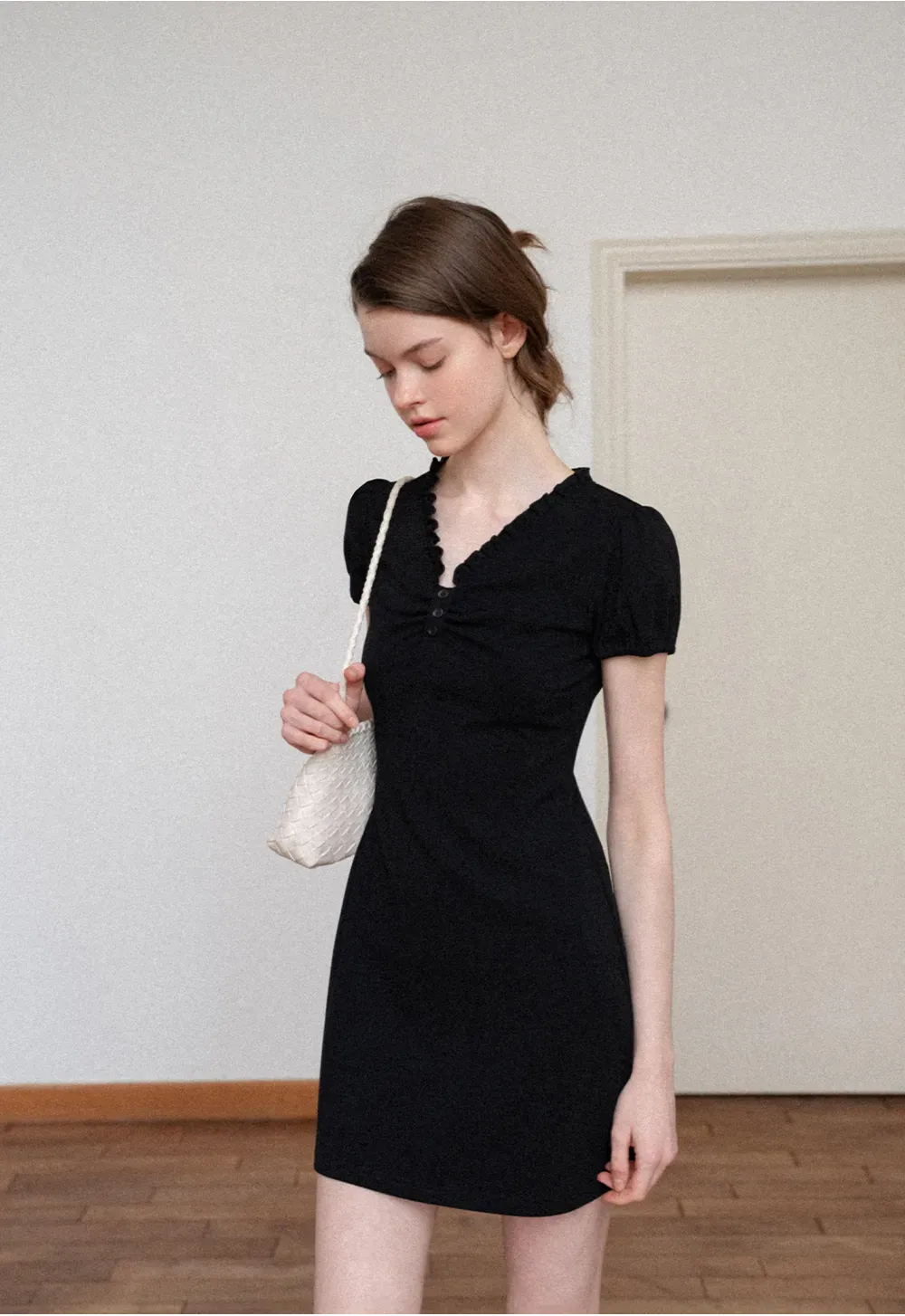 V Neck Ruched Front Short Sleeve Mini Dress