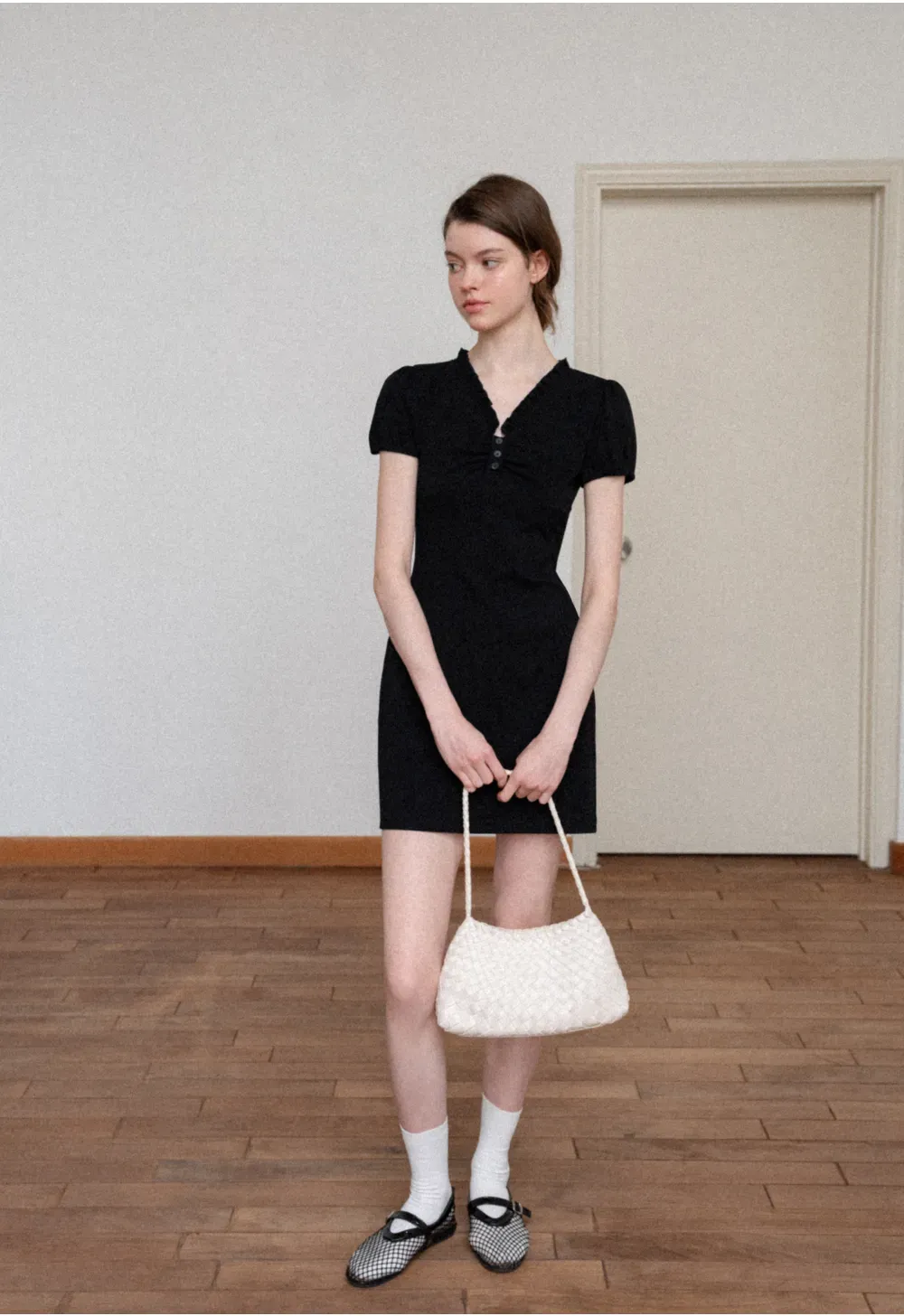 V Neck Ruched Front Short Sleeve Mini Dress