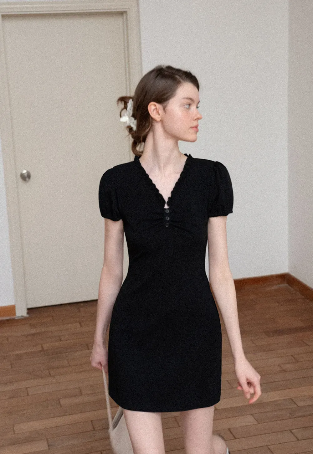 V Neck Ruched Front Short Sleeve Mini Dress