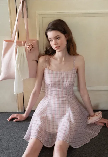 Plaid Print Square Neck Pleated Skirt Dress