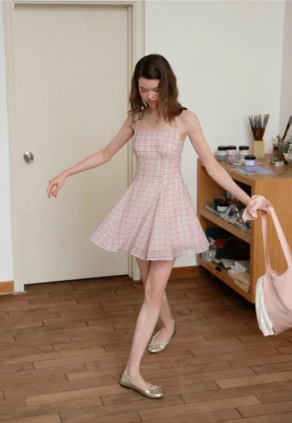 Plaid Print Square Neck Pleated Skirt Dress