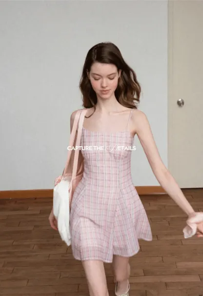 Plaid Print Square Neck Pleated Skirt Dress