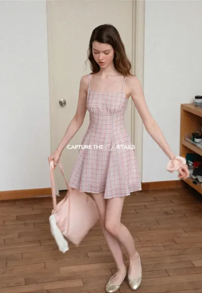 Plaid Print Square Neck Pleated Skirt Dress