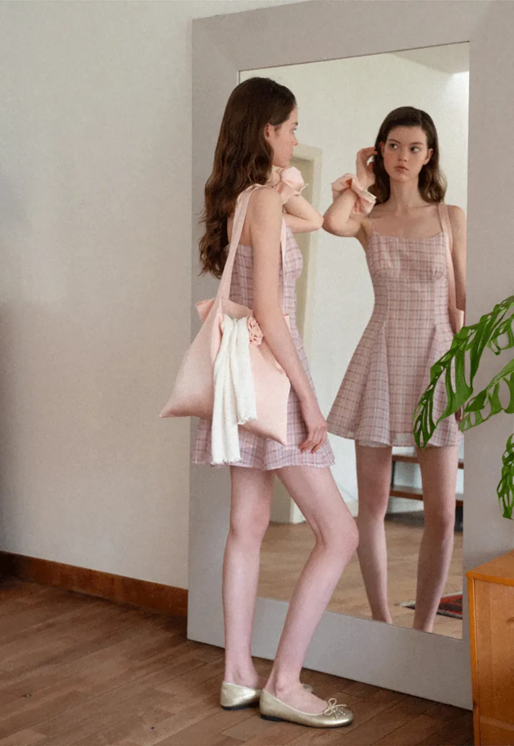 Plaid Print Square Neck Pleated Skirt Dress