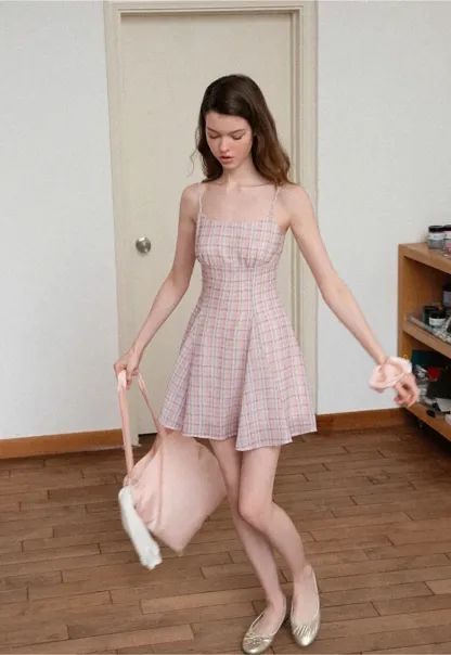 Plaid Print Square Neck Pleated Skirt Dress