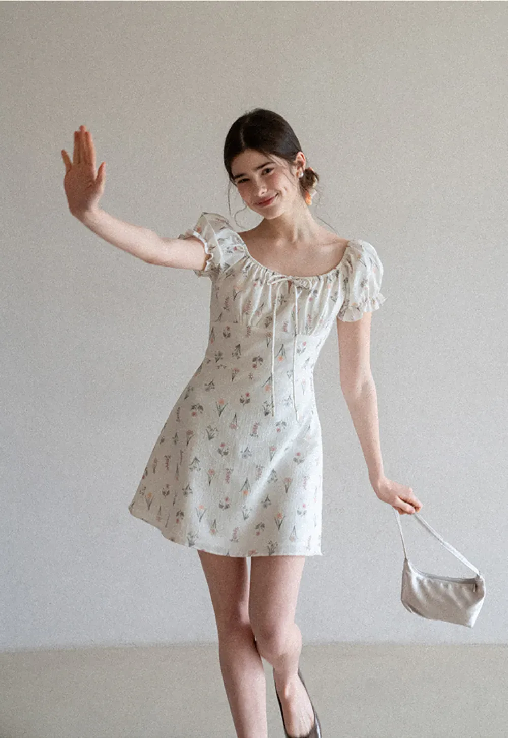 Floral Print Square Neck Puff Sleeve Dress