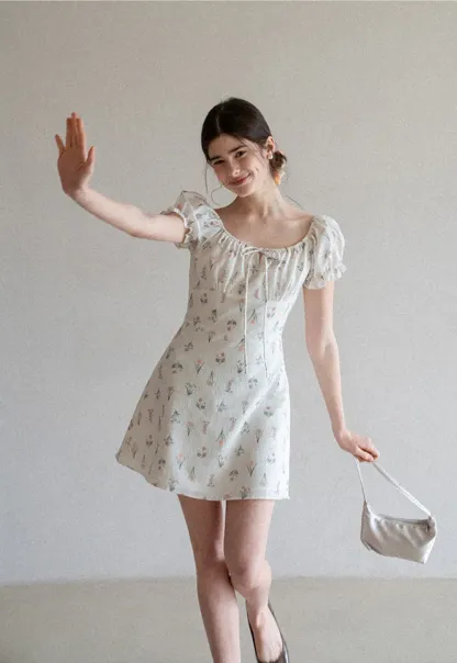 Floral Print Square Neck Puff Sleeve Dress