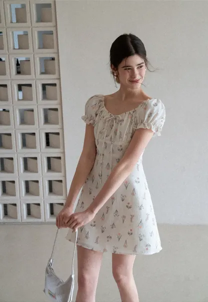 Floral Print Square Neck Puff Sleeve Dress