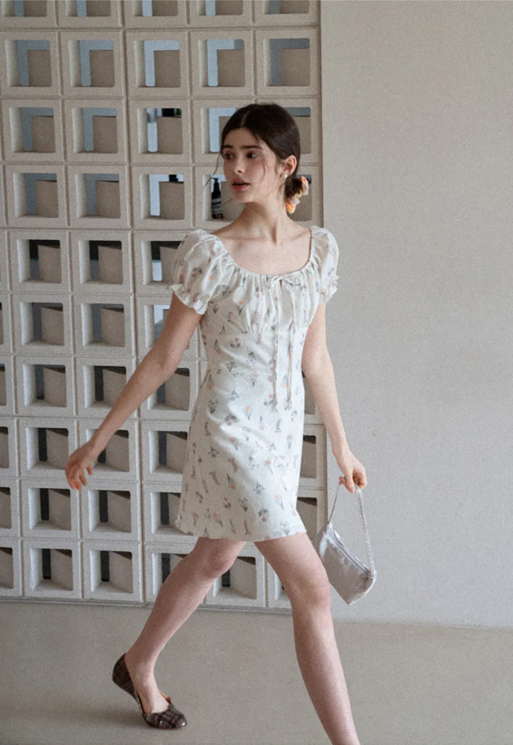 Floral Print Square Neck Puff Sleeve Dress