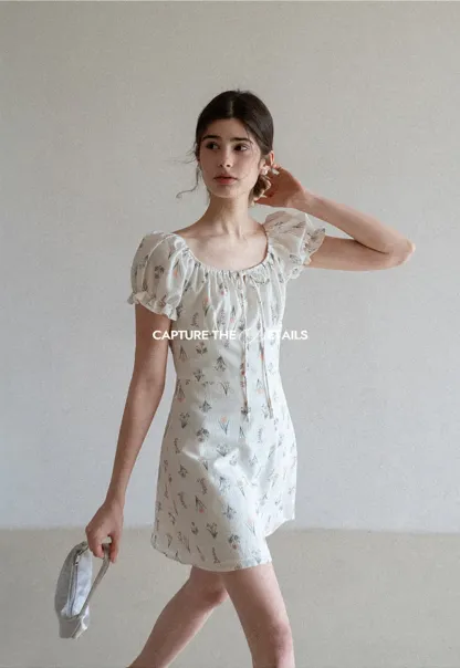 Floral Print Square Neck Puff Sleeve Dress