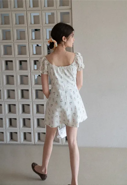 Floral Print Square Neck Puff Sleeve Dress