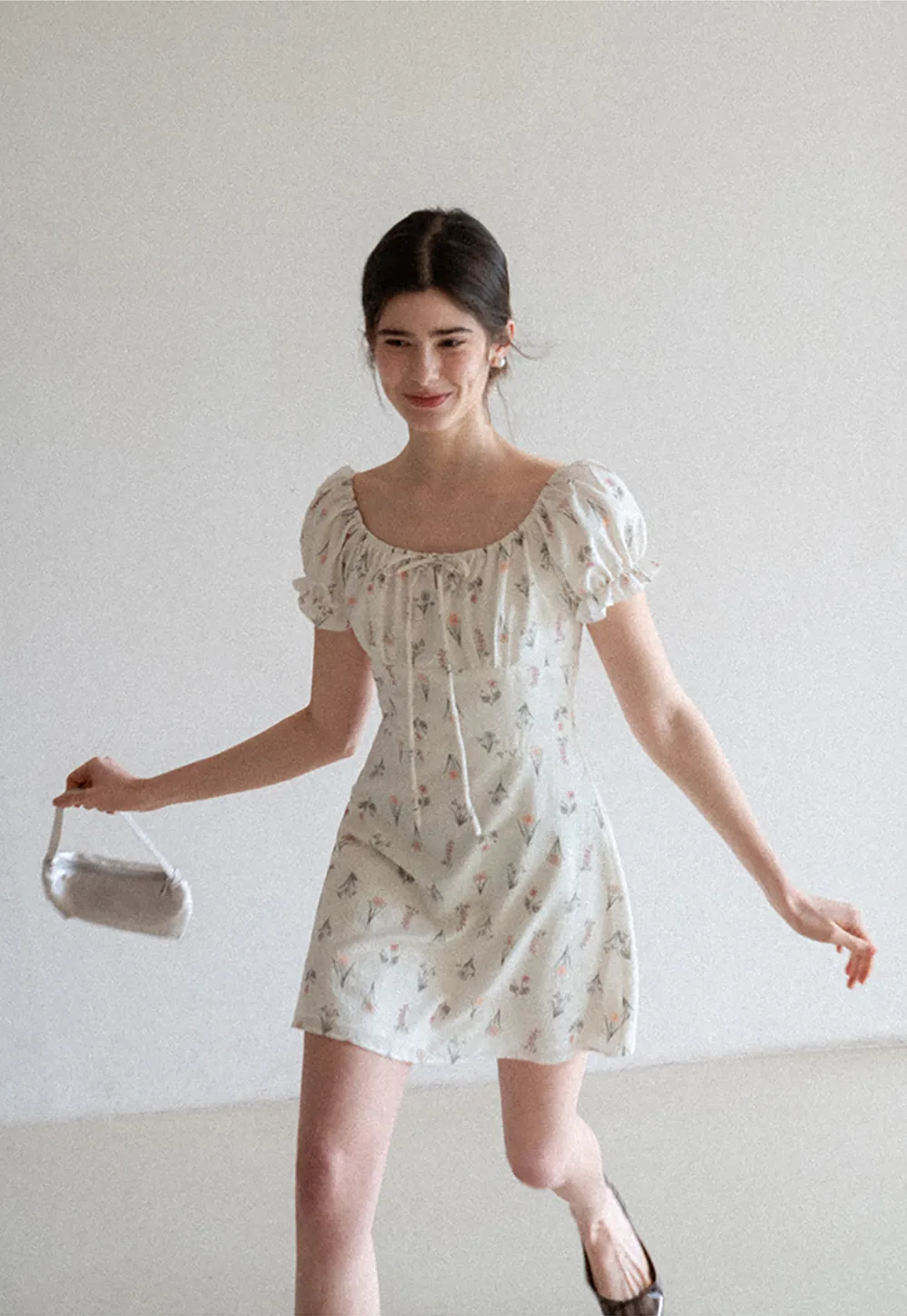 Floral Print Square Neck Puff Sleeve Dress