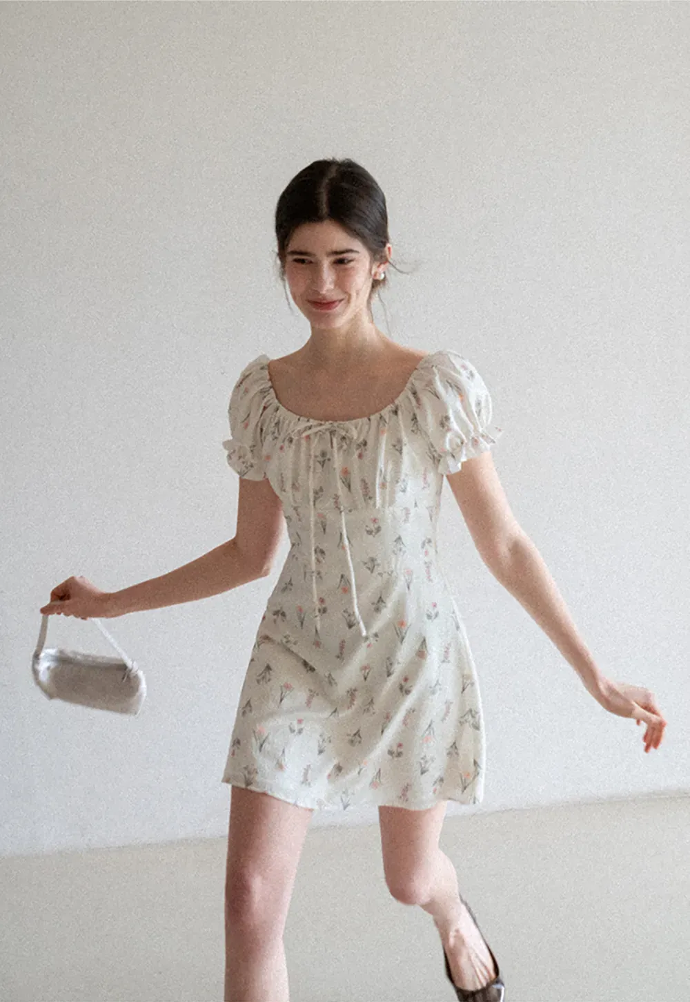 Floral Print Square Neck Puff Sleeve Dress